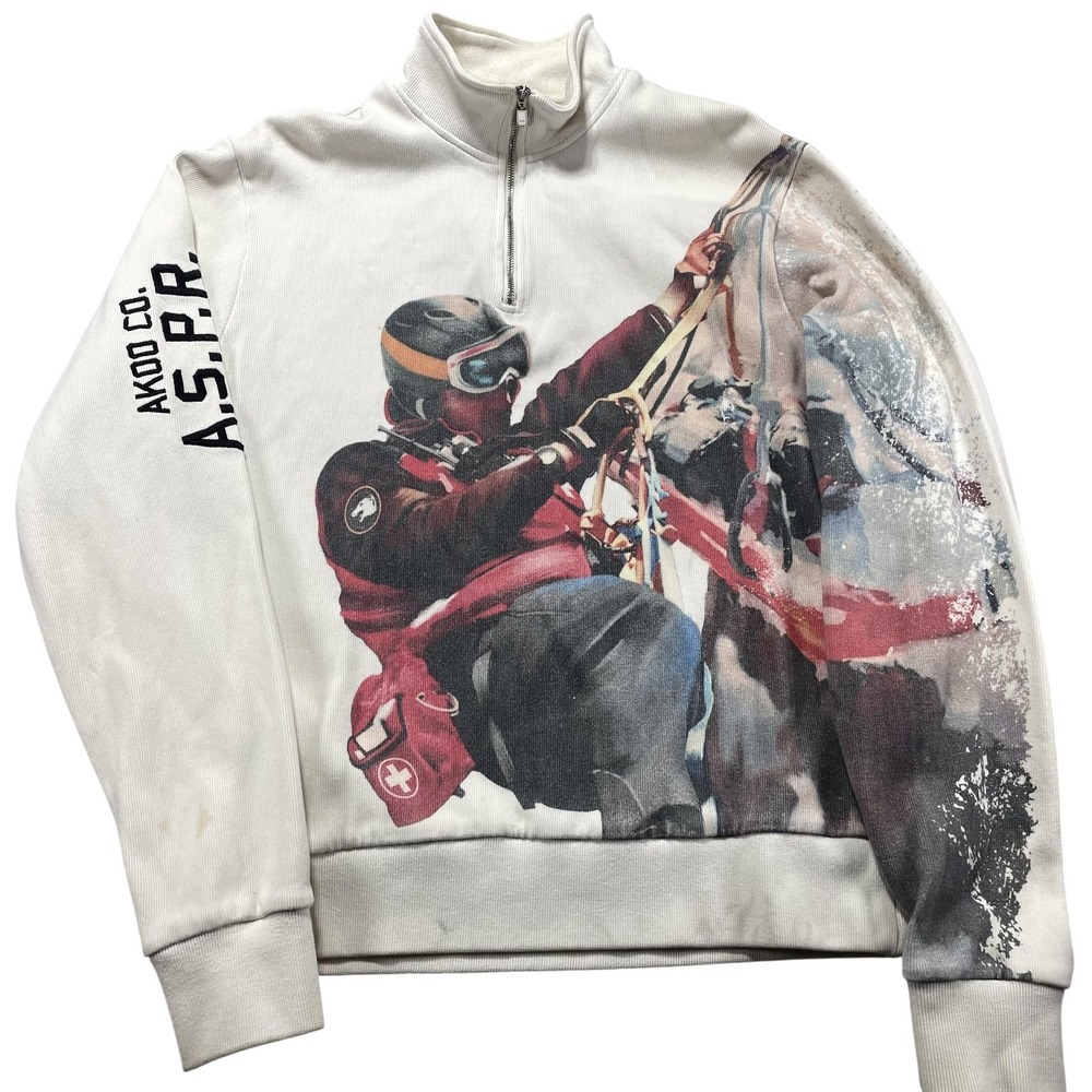 AKOO Sweatshirt Men Large White Ski Patrol Graphic 1/4 Zip Fleece Pullover Flaws